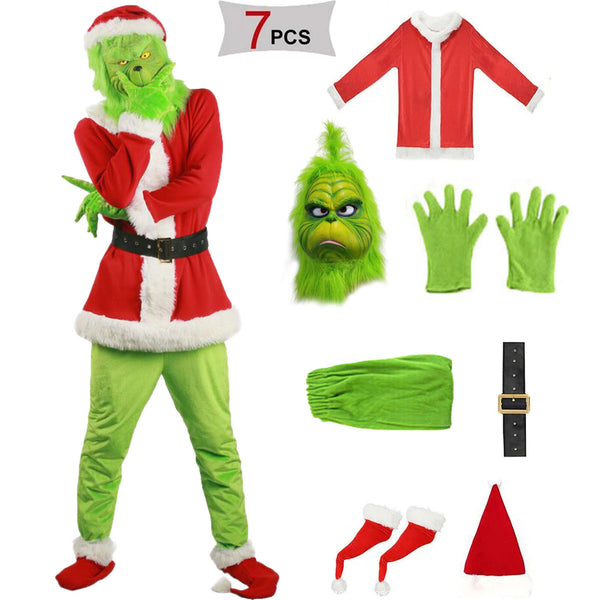 7 piece adult green grump costume with smooth pants and cartoon-style mask