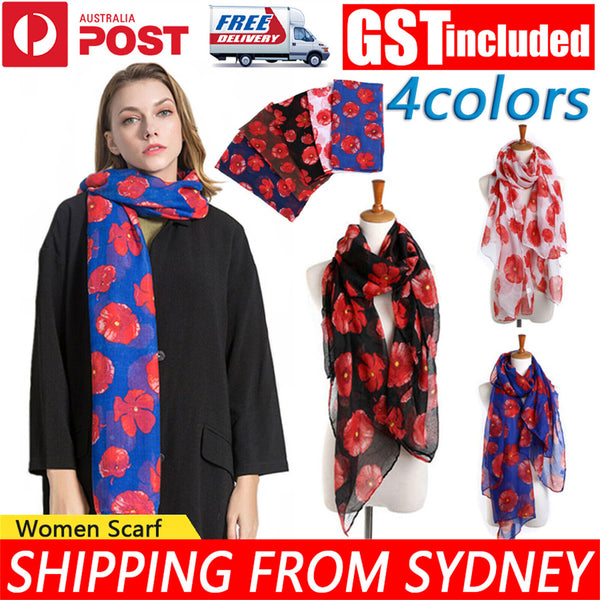 Women Ladies Poppy Print Floral Scarf Remembrance Day Poppies Scarves Wrap Shawl