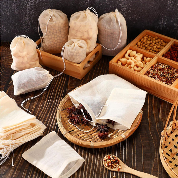 40PCS Reusable Cotton Muslin Filter Bags Spices Herbs Tea Soup Drawstring 3 Size