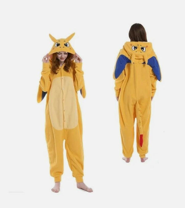 Yellow Fire Dragon kigurumi onesie, front and back view