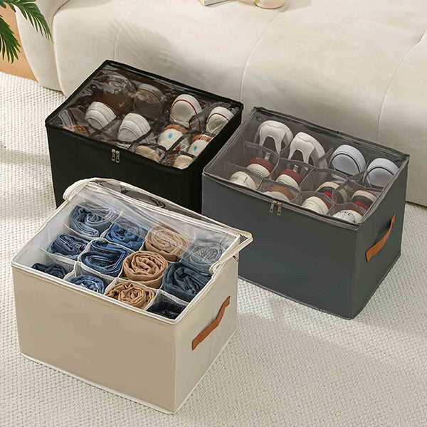 Foldable Fabric Shoe Storage Box with 12 Dividers | Black Closet Organizer
