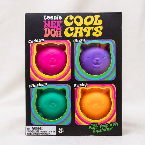 Boxed set of four squishy cat stress balls, front view
