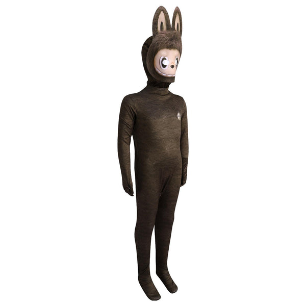 Child in brown Labubu jumpsuit costume side view – Pop Mart