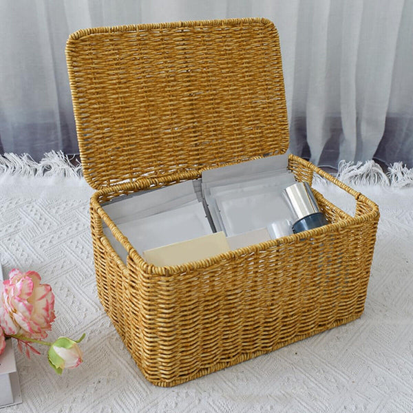 Storage Box Bedroom Organizer Faux Rattan Woven Basket with Lid Home Storage