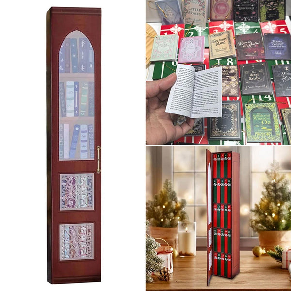 Red advent calendar box with door design and an open view of the 24 mini books