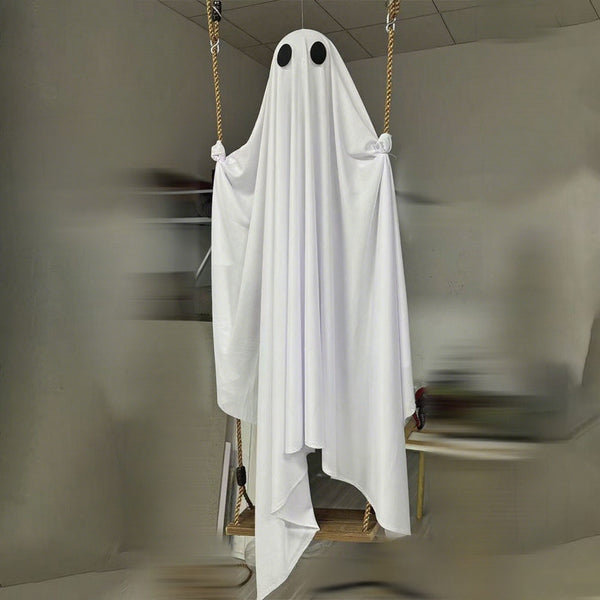 Weighted draping fabric detail on a large hanging Halloween ghost
