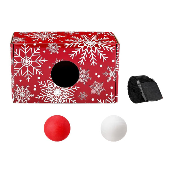 Red snowflake shake box with waist strap and red and white balls