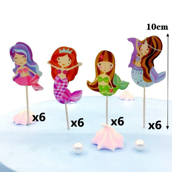 24PCS Mermaid Cupcake Topper Set Party Supplies Girls Birthday Decoration