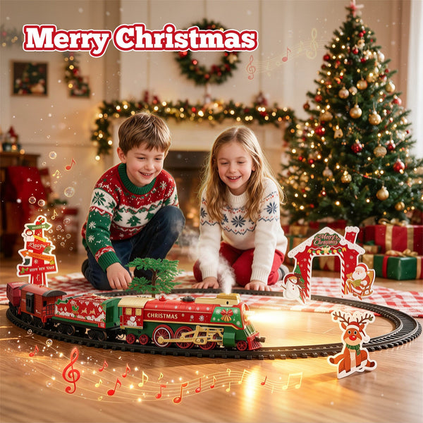 Children watching the Christmas train circle the track under the tree