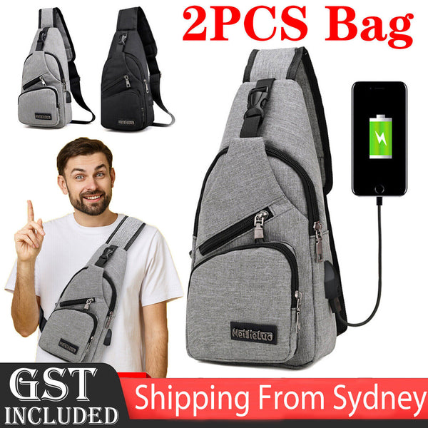 2X Mens Sling Chest Pack Shoulder Bag Sports USB Charging Port Crossbody Handbag