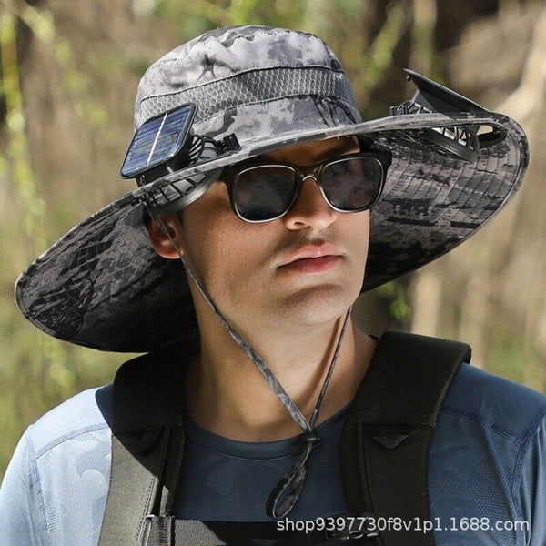 Wide Brim Fishing Sun Hat With Solar Fan Outdoor Breathable Waterproof Bucket