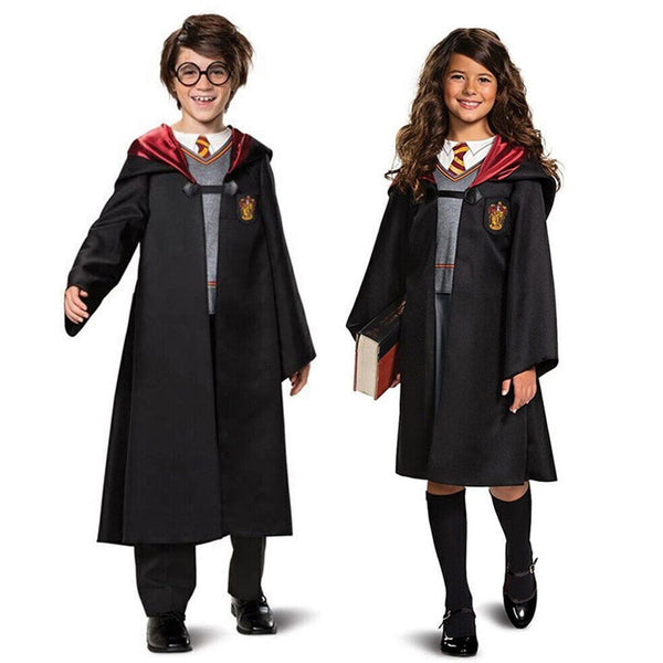 Two kids in the wizard school uniform costume, front view