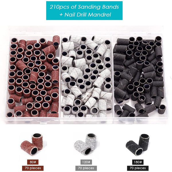 210PCS Sanding Bands 3 Colours 80/120/180 Nail Drill Machines Filing Bits + Boxs