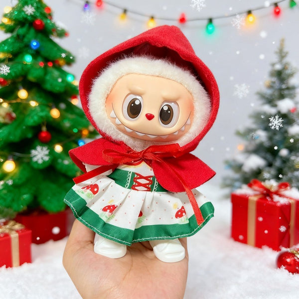Doll clothes with red hooded cape and tartan dress