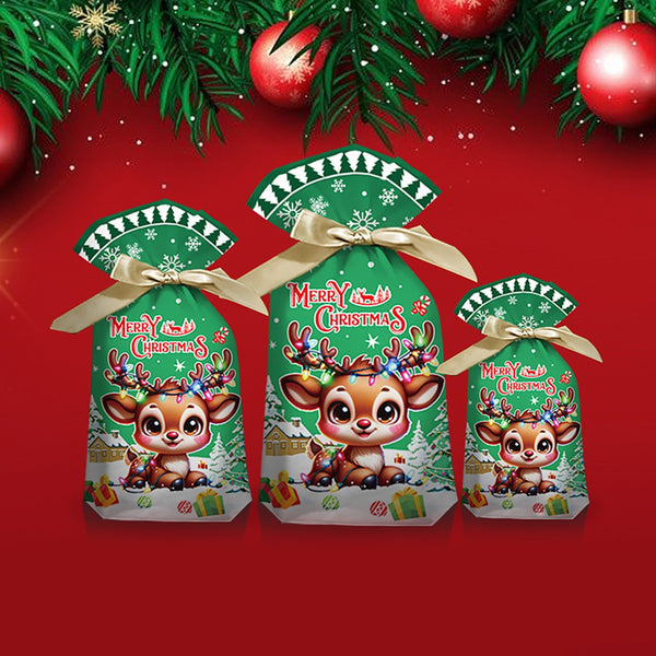 Three reindeer Christmas gift bags in large, medium and small on a red background