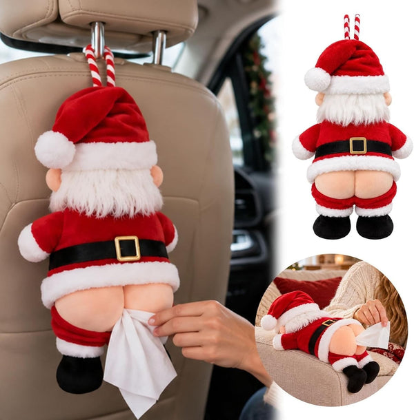 Santa tissue holder hanging from a car headrest with a tissue coming out
