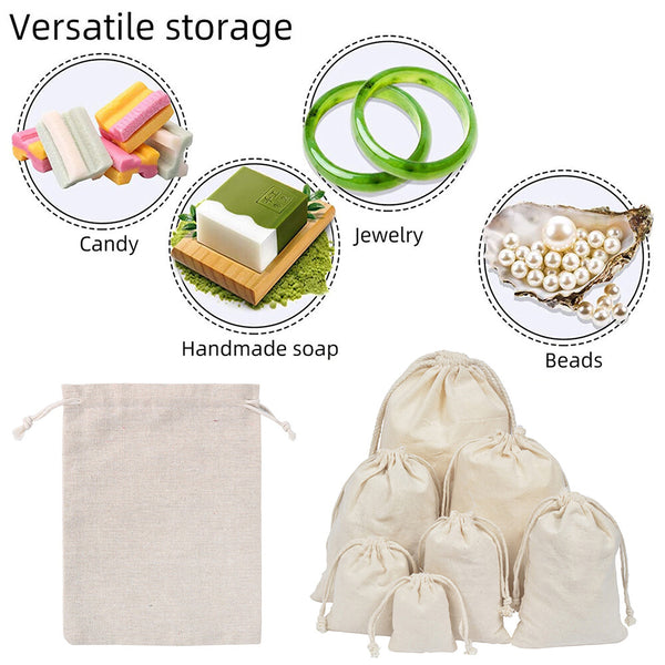 Small drawstring bags holding soap, lollies and jewellery