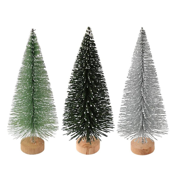 Three mini bottle brush trees in light green, dark green and silver