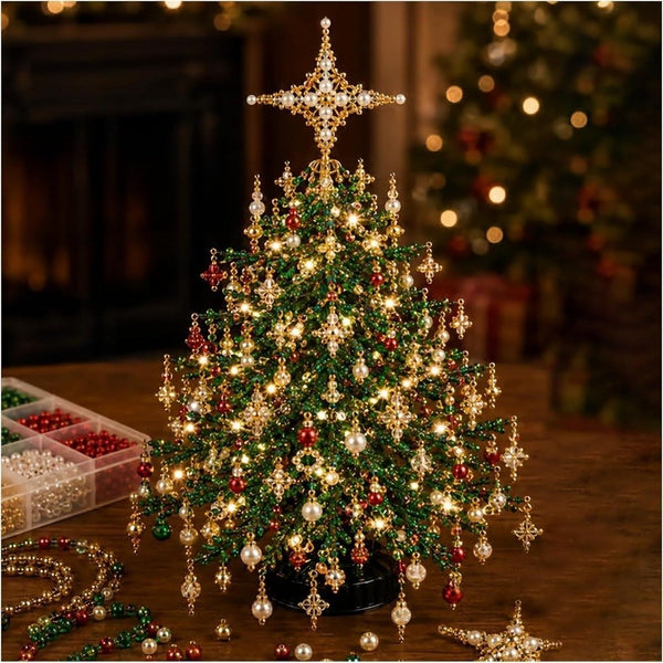 Beaded Christmas tree with star topper and warm white lights