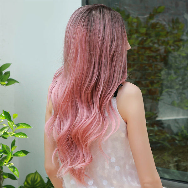 Women Long Wig Color Pink hair Ombre Rose Hair Taro Hairstyle Black Wavy hair AU