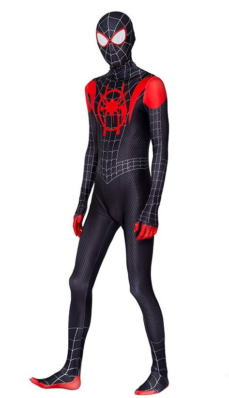 Full body black and red superhero costume outfit