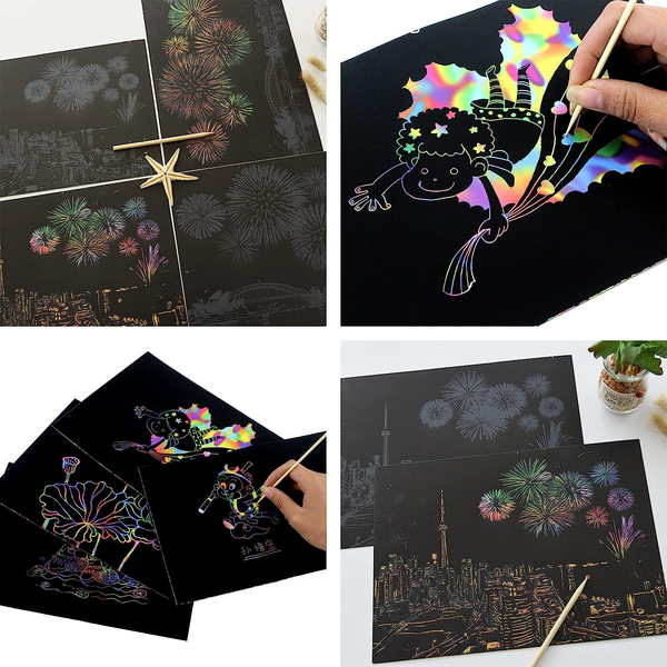 70 PCS Scratch Paper Art Rainbow Magic Scratch Off Art Crafts Set Supply Drawing