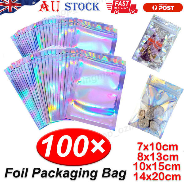 100PCS Rainbow Colour Holographic Storage Pouches Zipper Seal Foil Packaging Bag