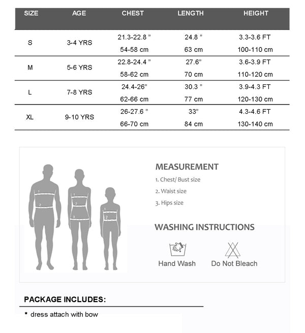 Girls skeleton costume size chart, S to XL