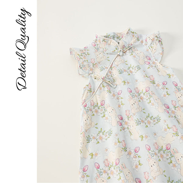 Summer Girls Cheongsam Dress | Stand Collar Flying Sleeve Rabbit Print Qipao