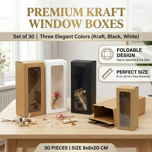 30PCS Kraft Window Gift Boxes Clear Display Treat Boxes Foldable Kraft Paper Boxes