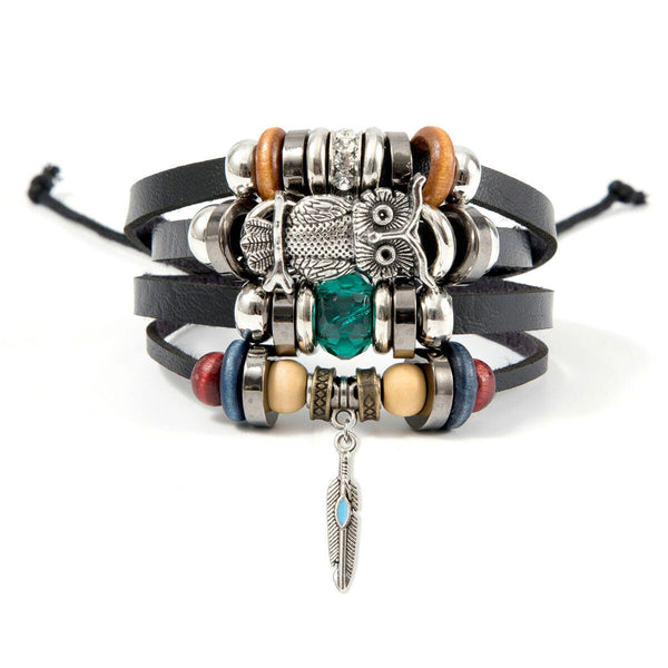 Turquoise Woven Leather Multi Layered Beaded Bracelet with Wood Beads for Women