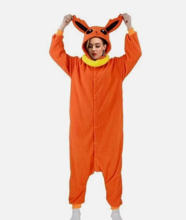 Orange Fire Fox kigurumi onesie, front and back view