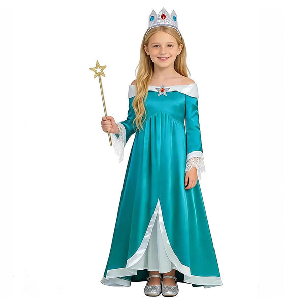 Girl wearing Rosalina costume with crown and star wand, smiling