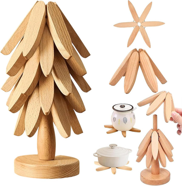 Natural wood trivet tree with 5 trivets