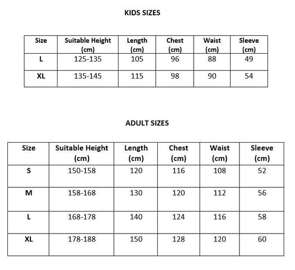 Kigurumi onesie size chart: kids L to XL and adult S to XL by height