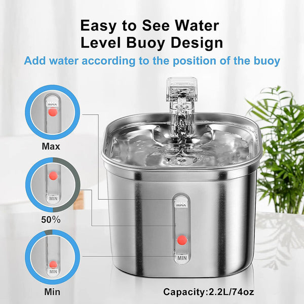 2.2L Stainless Steel Water Fountain Pet Dog Cat Drinking Dispenser Filter Feeder