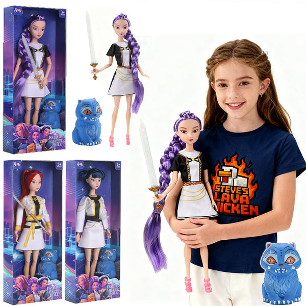 K-pop idol dolls in boxes beside a girl holding a purple braid doll