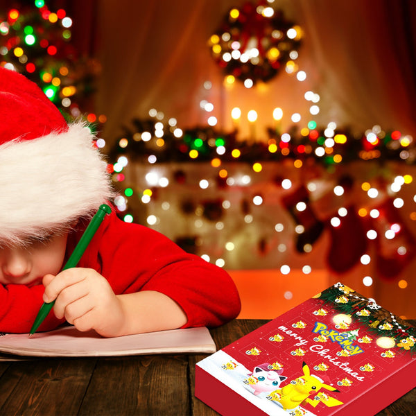Child writing a Christmas list beside the red mini figure advent calendar