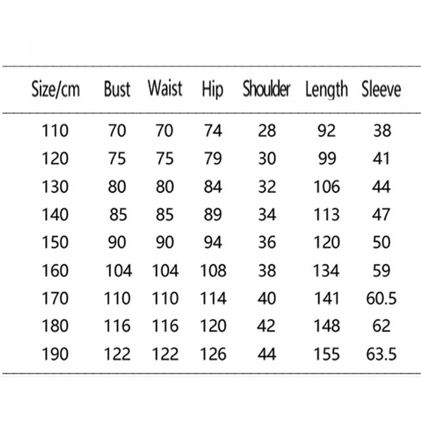 Mr Wolf costume kids size chart in cm – jumpsuit measurements