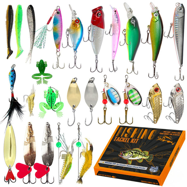 Fishing tackle kit advent calendar with crankbaits, spoons, spinners, frogs and an orange tackle box