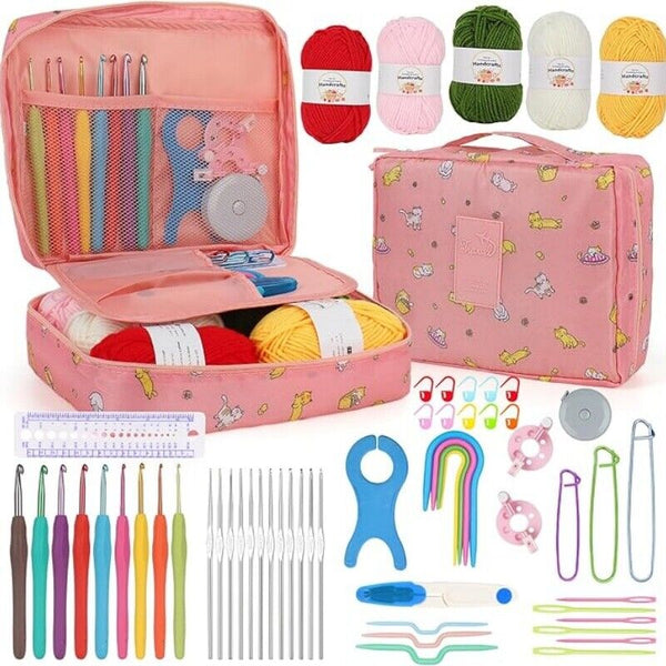59PCS Beginner Crochet Hooks Kit 5 Roll Yarn Knitting Needles Sewing Set 2Color