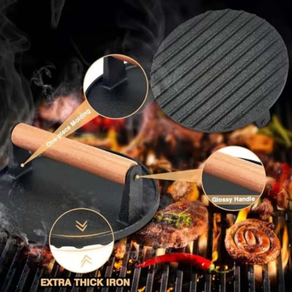 Cast Iron Burger Press with Wooden Handle | BBQ Grill Meat Smasher Patty Maker