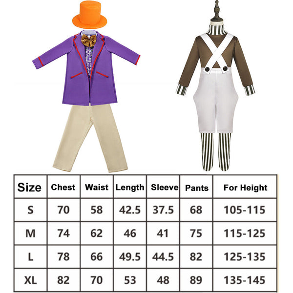 Kids Willy Wonka costume size chart for sizes small to extra large
