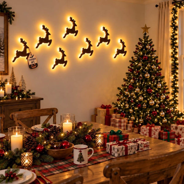 Light up reindeer wall decorations above a Christmas dining table