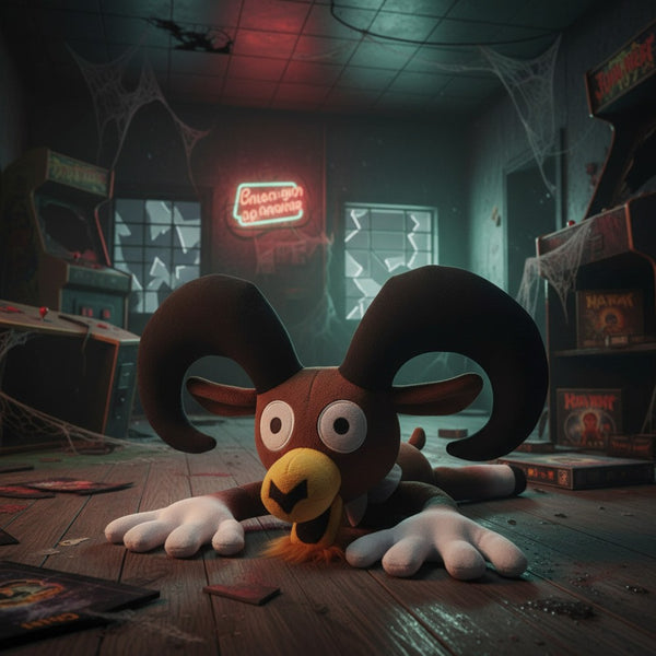 Ram-horned monster plush lying on the floor of a spooky arcade room