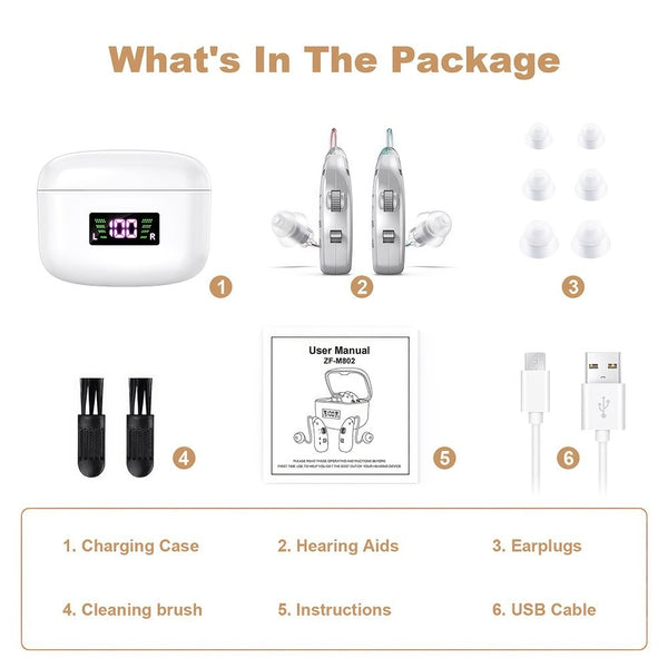 What is in the package - charging case, hearing aids, ear tips, cleaning brush, USB cable, manual - Lets Party