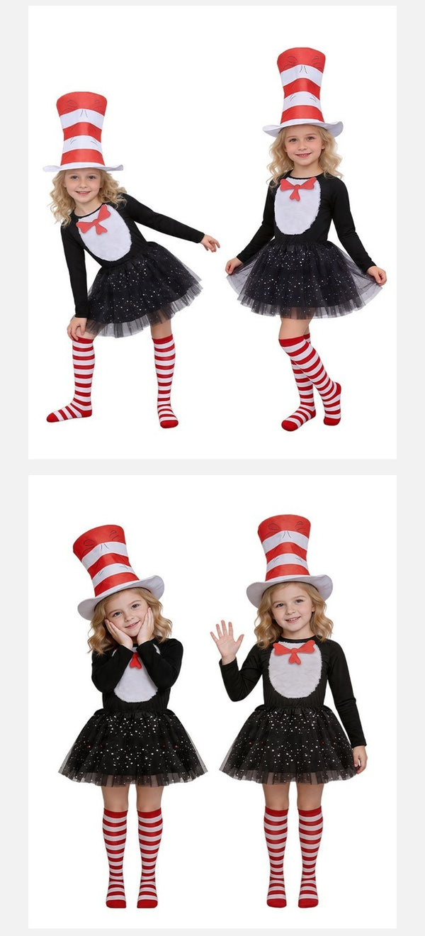 Kids The Cat in The Hat Cosplay Dr.Seuss Costume Cat Outfit Set Girls TUTU Dress