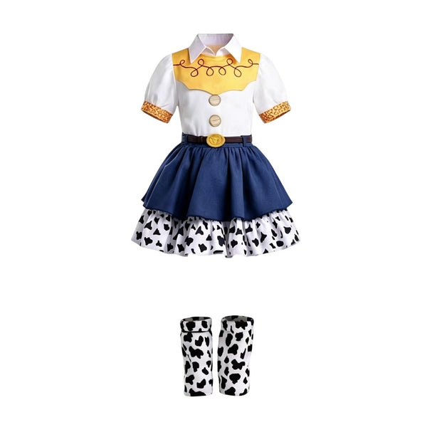 Jessie cowgirl costume top, skirt and cow-print leg warmers without hat