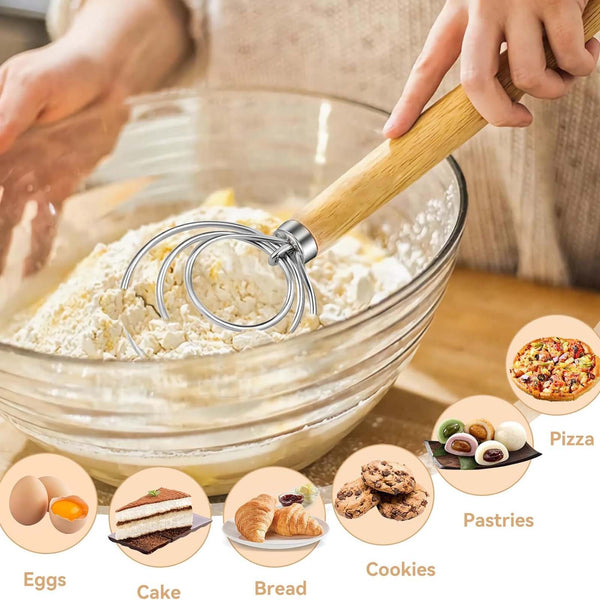 4pcs Stainless Steel Danish Dough Whisk | Wooden Handle Bread & Sourdough Mixer