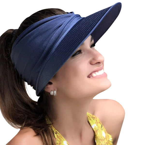 2PCS Women Wide Brim Visor Hat Ponytail Sun Cap Beach Sports Summer Hat